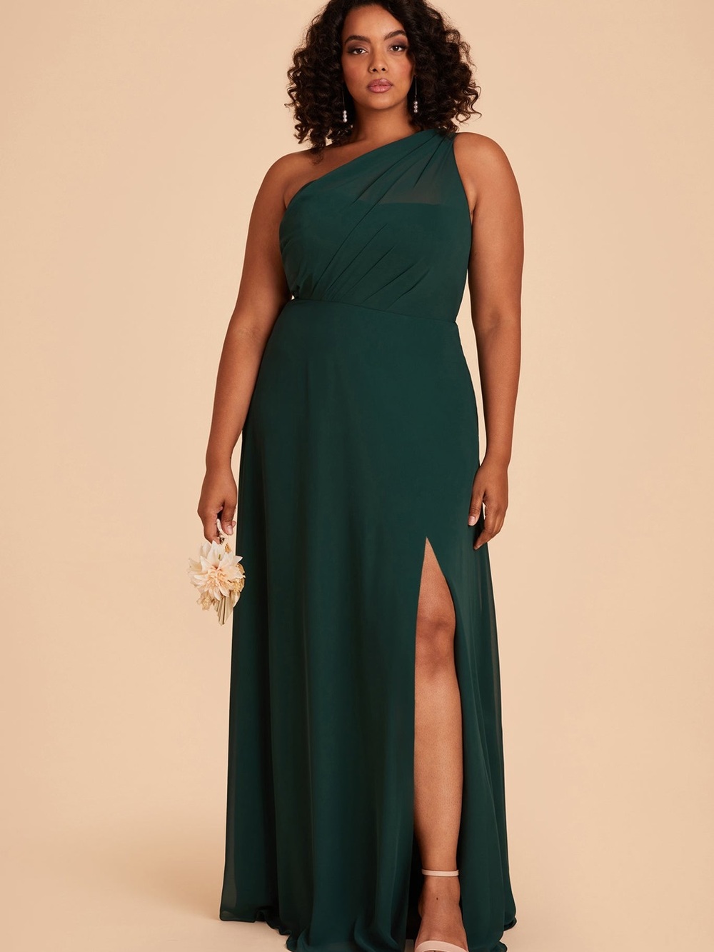NWT Birdy Grey Kira Chiffon Emerald One-Shoulder Forest Green Evening Gown
